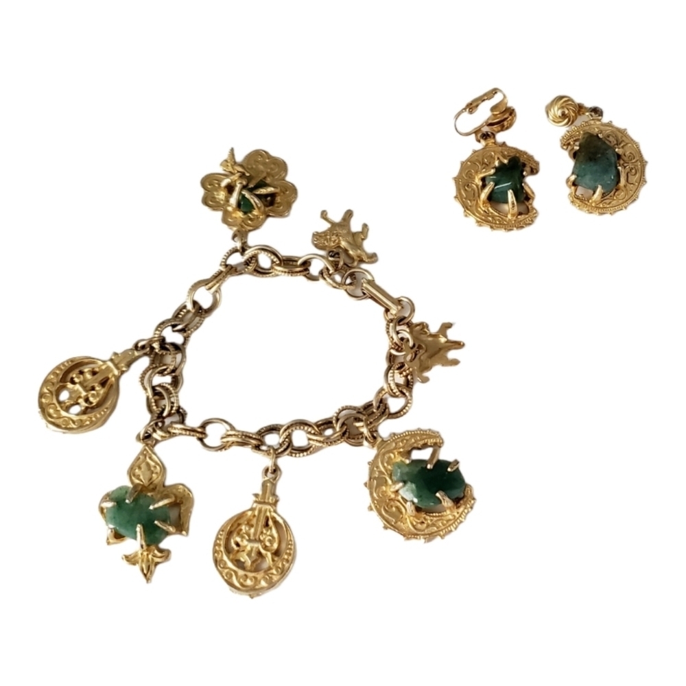 Vintage Green Green Stone in a Goldtone Setting Bracelet and Earring Set Moons